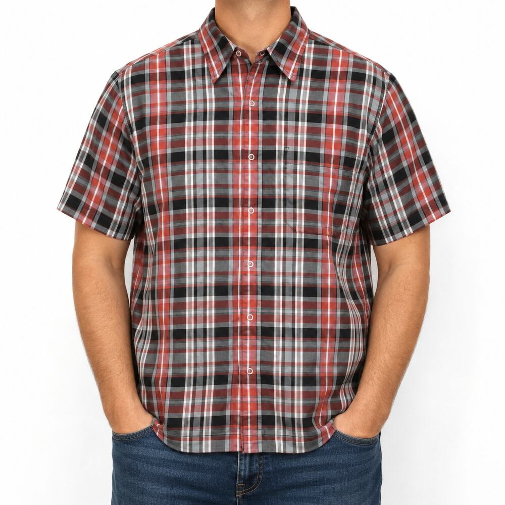 No Fear Shirt Mens Medium Red Black Plaid Polyester Short Sleeve Classic Snap